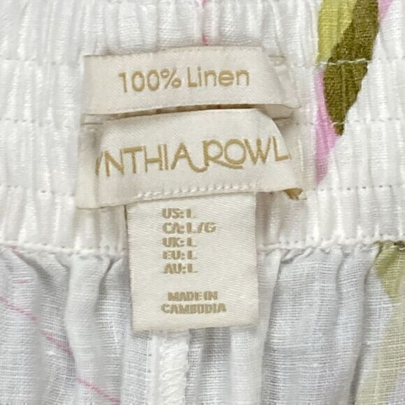 Cynthia Rowley Linen Pants Womens L Cream Tropical Print Wide Leg Crop Pull On - Picture 15 of 15